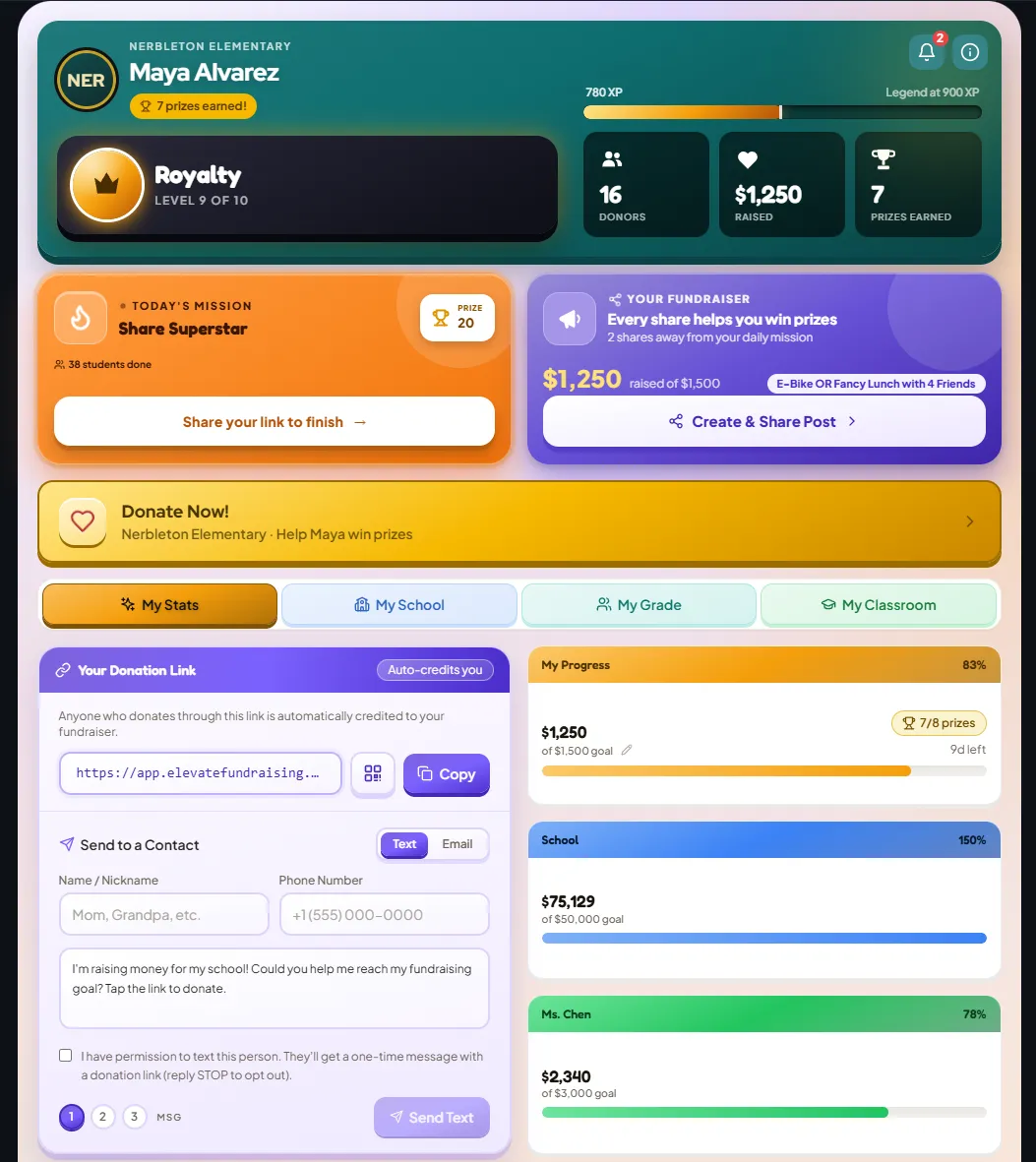 The Elevate student portal — personal goal, prize progress, and the shareable donation link.